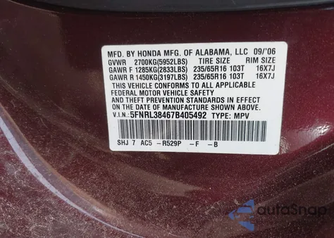 2007 Honda Odyssey Ex из США, поврежденный, VIN 5FNRL38467B405492